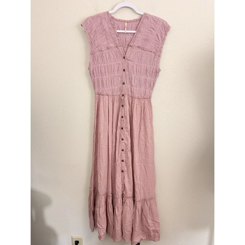 Free People Midi Dress Sz Medium Desert Dazed Pink Cotton Short Sleeve Smocked - Picture 5 of 9